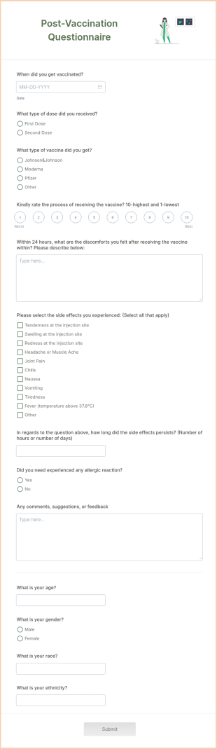 Post Vaccination Questionnaire Form Template