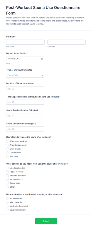 Post Workout Sauna Use Questionnaire Form Template