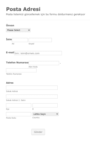 Posta Adresi Güncelleme Form Template