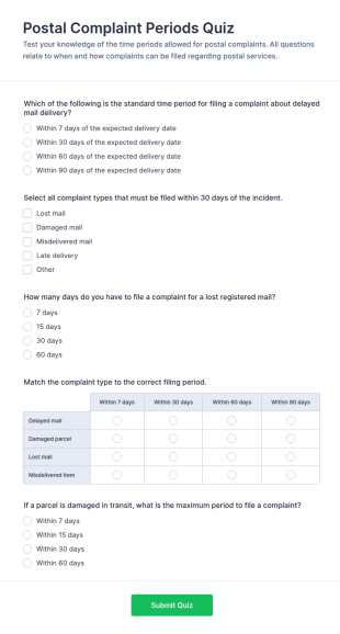 Postal Complaint Periods Quiz Form Template