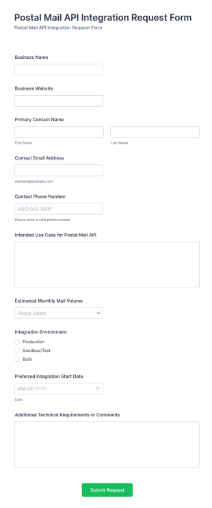 Postal Mail API Integration Request Form Template