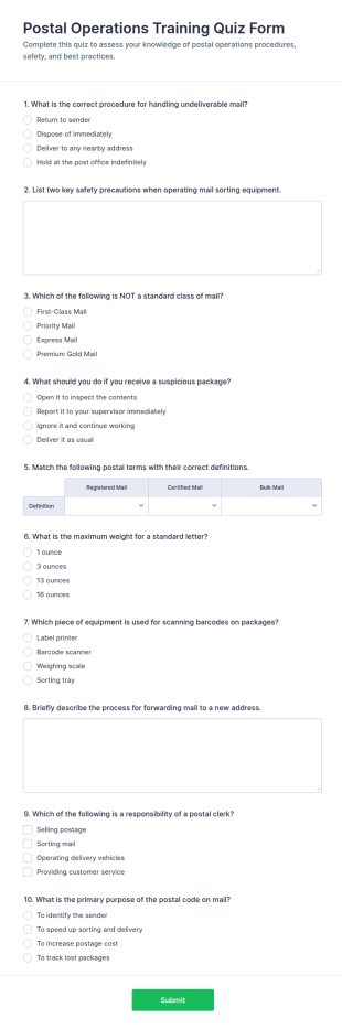 Postal Operations Training Quiz Form Template