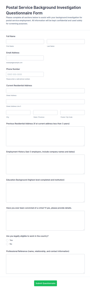 Postal Service Background Investigation Questionnaire Form Template