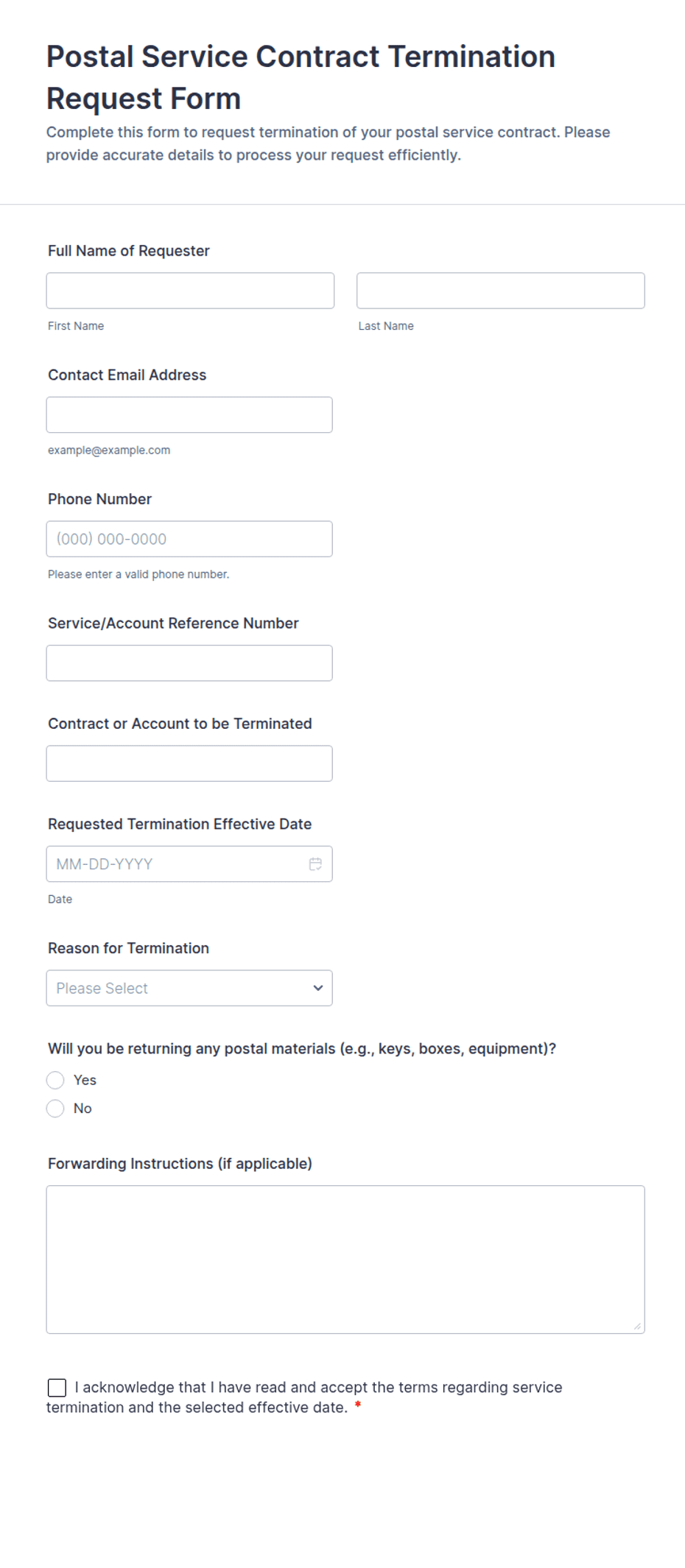 Postal Service Contract Termination Request Form Template | Jotform