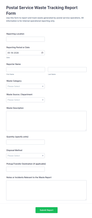 Postal Service Waste Tracking Report Form Template