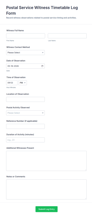 Postal Service Witness Timetable Log Form Template