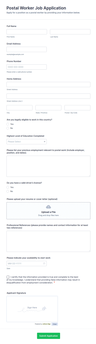 Postal Worker Job Application Form Template