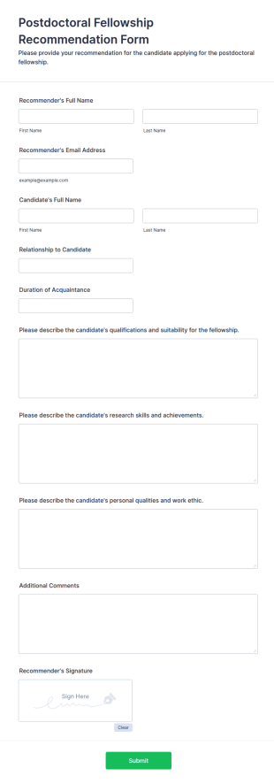 Postdoctoral Fellowship Recommendation Form Template