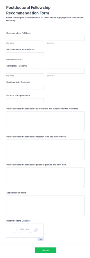 Postdoctoral Fellowship Recommendation Form Form Template