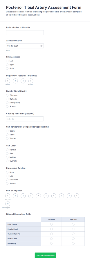 Posterior Tibial Artery Assessment Form Template