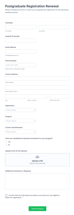 Postgraduate Registration Renewal Form Template