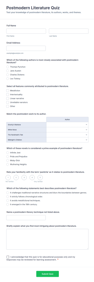 Postmodern Literature Quiz Form Template