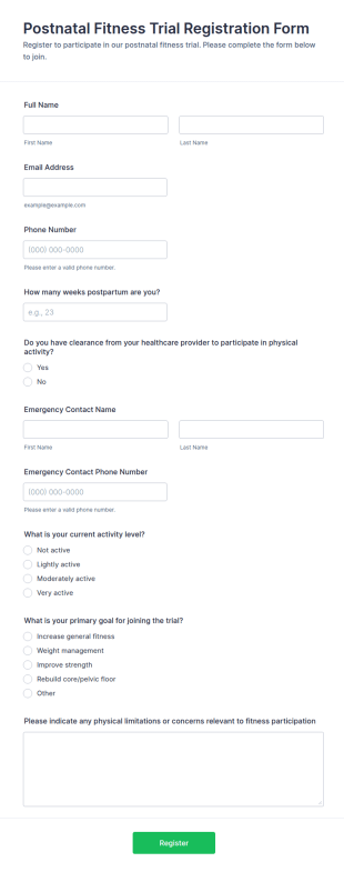 Postnatal Fitness Trial Registration Form Template