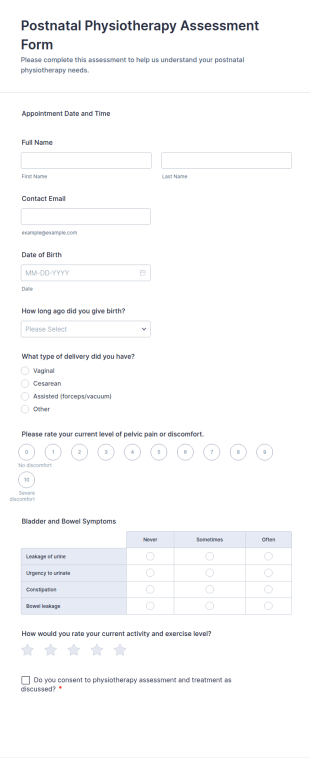 Postnatal Physiotherapy Assessment Form Template