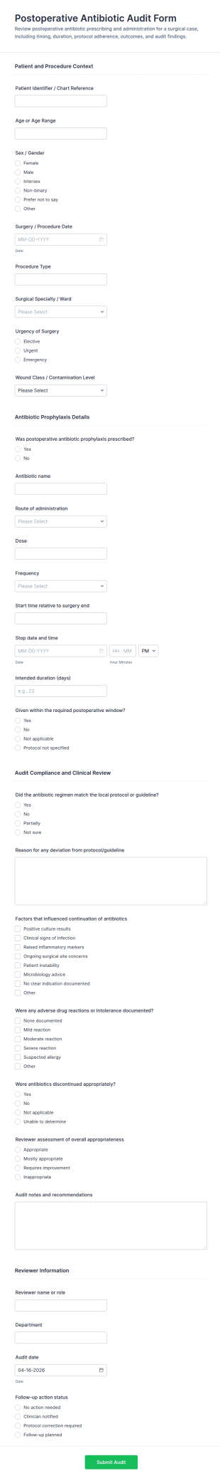 Postoperative Antibiotic Audit Form Template