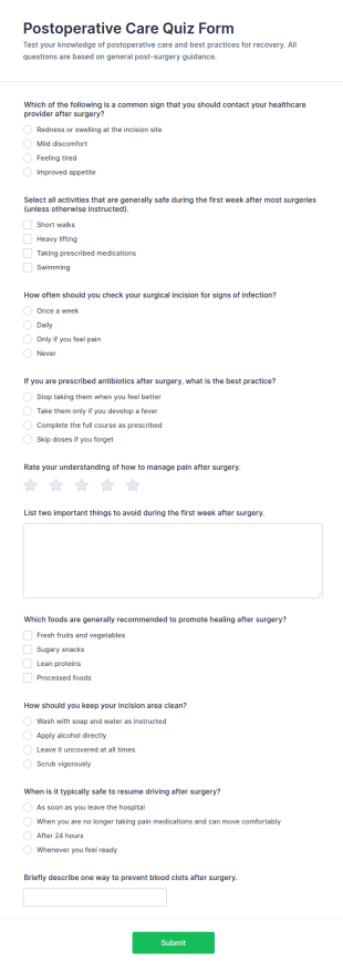 Postoperative Care Quiz Form Template