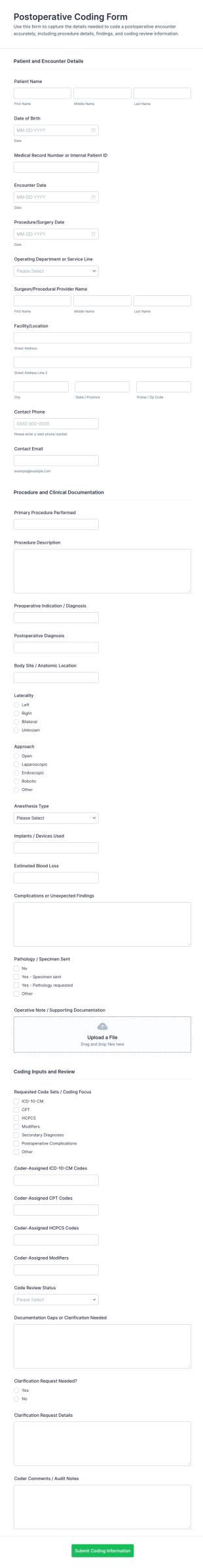 Postoperative Coding Form Template