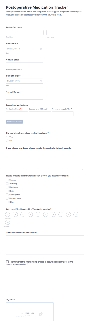 Postoperative Medication Tracker Form Template