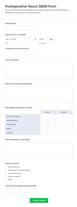 Postoperative Neuro SBAR Form Template