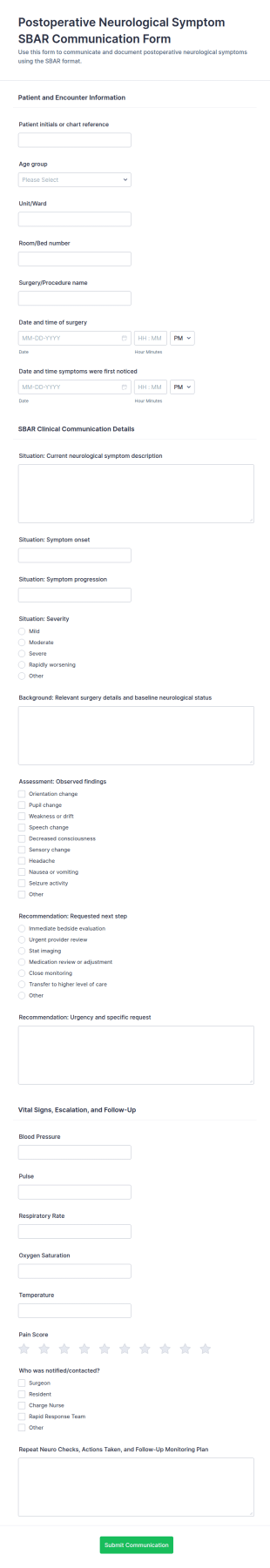 Postoperative Neurological Symptom SBAR Communication Form Template