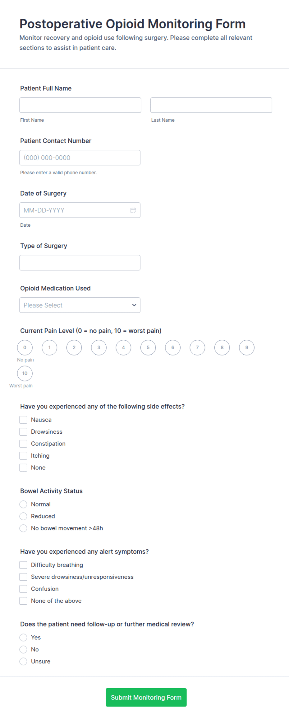Postoperative Opioid Monitoring Form Template | Jotform