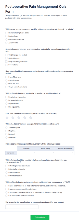 Postoperative Pain Management Quiz Form Template