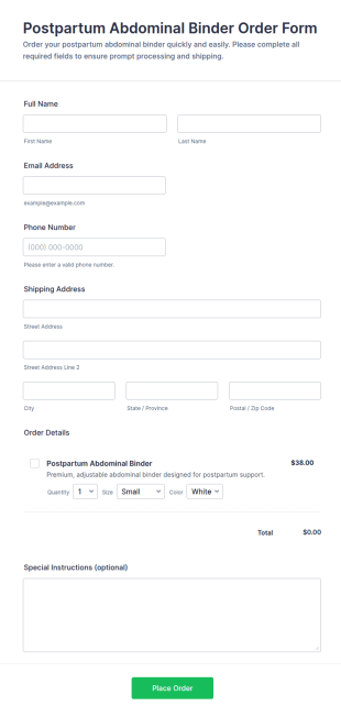 Postpartum Abdominal Binder Order Form Template