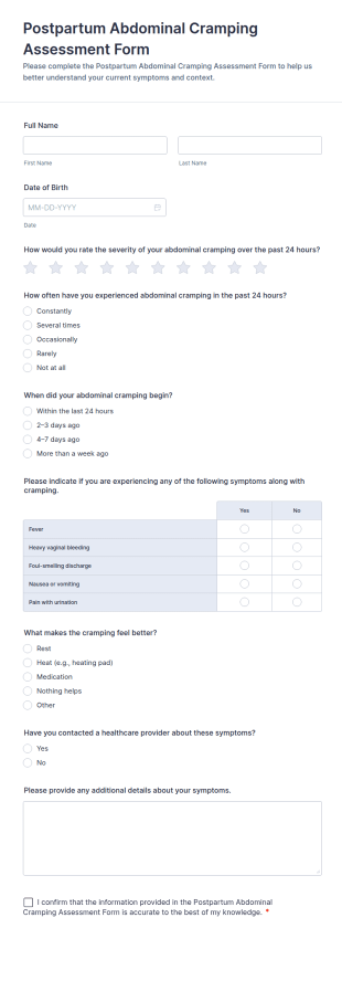 Postpartum Abdominal Cramping Assessment Form Template