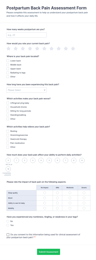 Postpartum Back Pain Assessment Form Template