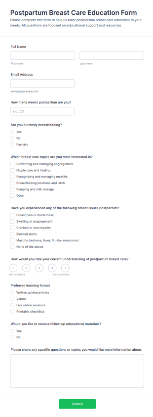 Postpartum Breast Care Education Form Template