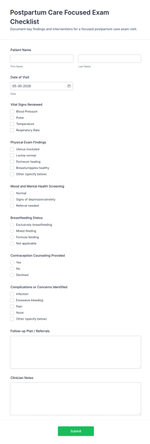 Postpartum Care Focused Exam Checklist Form Template