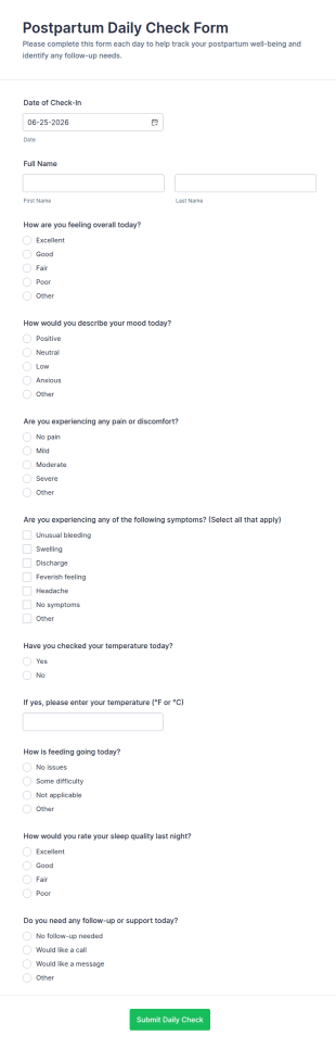 Postpartum Daily Check Form Template