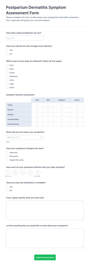Postpartum Dermatitis Symptom Assessment Form Template