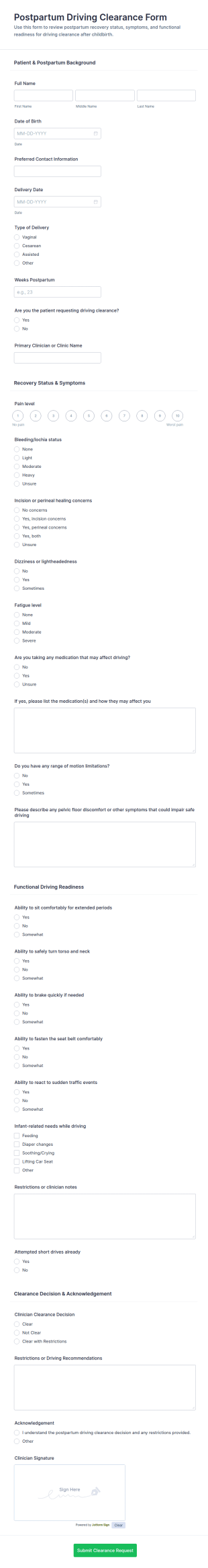 Postpartum Driving Clearance Form Template