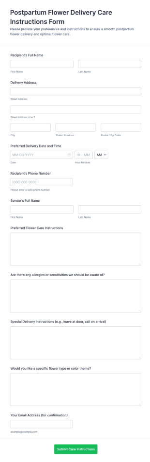 Postpartum Flower Delivery Care Instructions Form Template