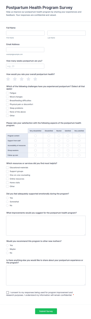 Postpartum Health Program Survey Form Template