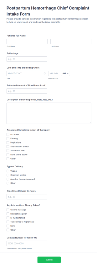 Postpartum Hemorrhage Chief Complaint Intake Form Template