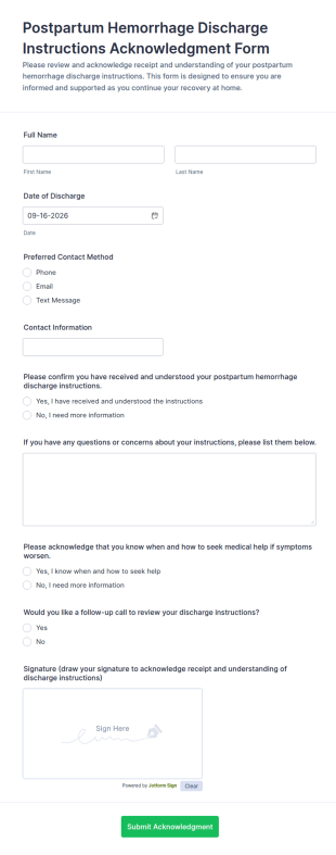 Postpartum Hemorrhage Discharge Instructions Acknowledgment Form Template