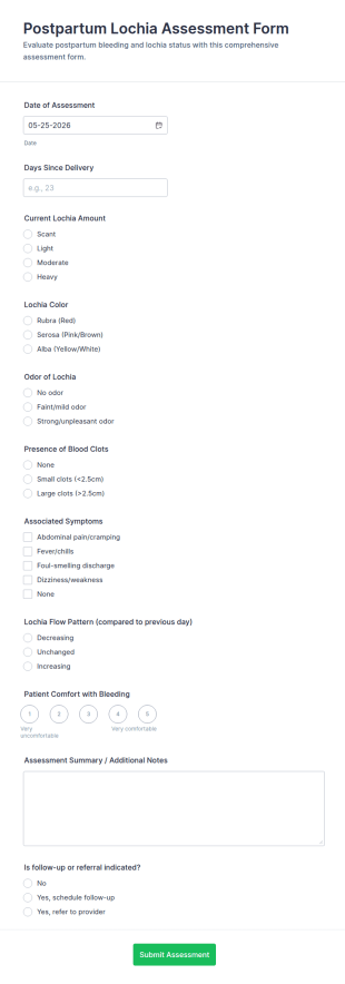 Postpartum Lochia Assessment Form Template