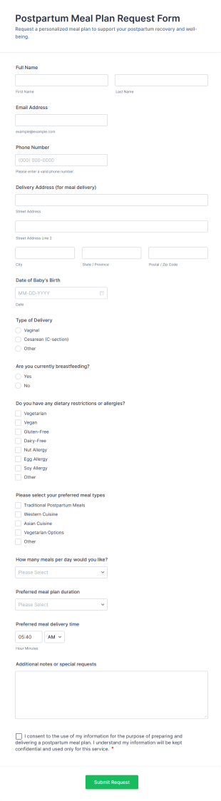 Postpartum Meal Plan Request Form Template