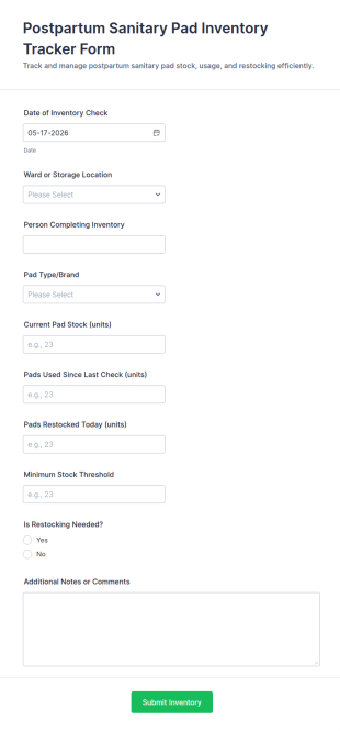 Postpartum Sanitary Pad Inventory Tracking Form Template