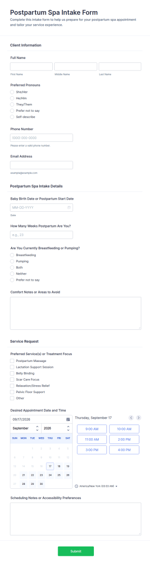 Postpartum Spa Intake Form Template