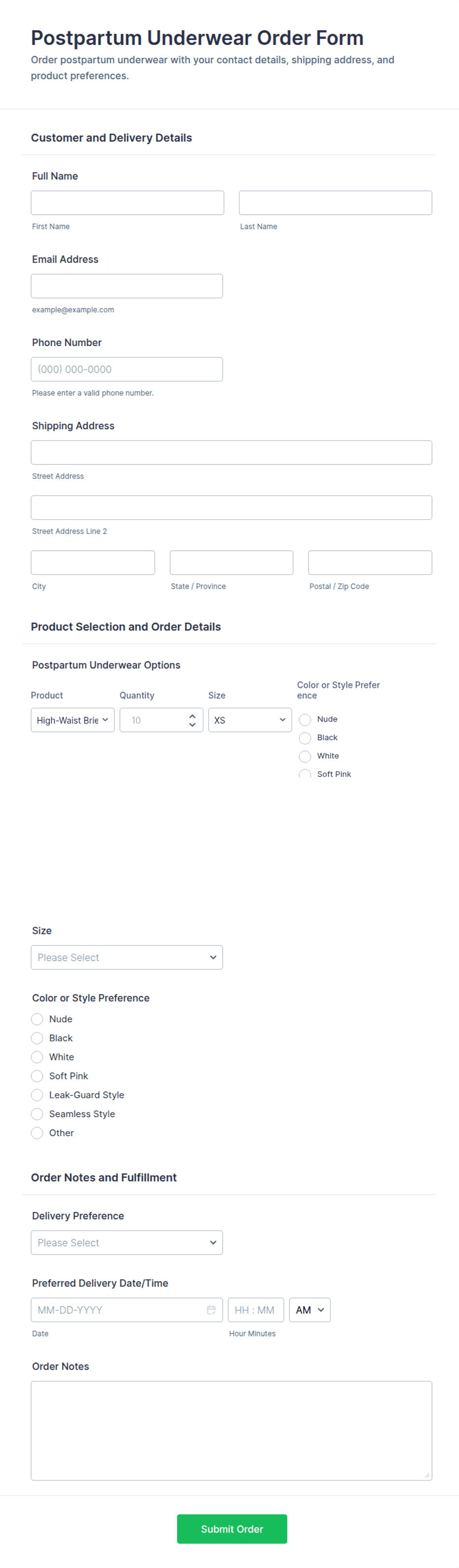 Postpartum Underwear Order Form Template | Jotform