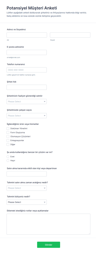 Potansiyel Müşteri Anketi Form Şablonu