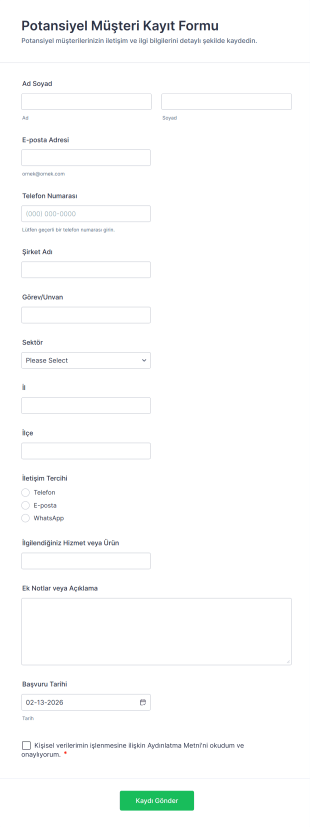 Potansiyel Müşteri Kayıt Form Şablonu