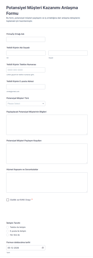 Potansiyel Müşteri Kazanımı Anlaşma Form Şablonu