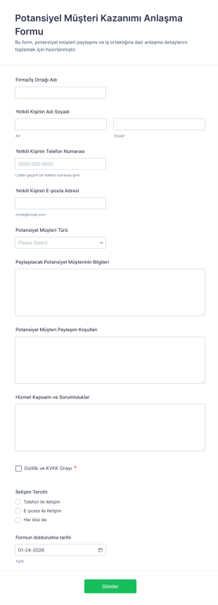 Potansiyel Müşteri Kazanımı Anlaşma Form Şablonu