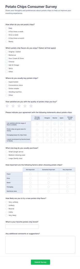 Potato Chips Consumer Survey Form Template