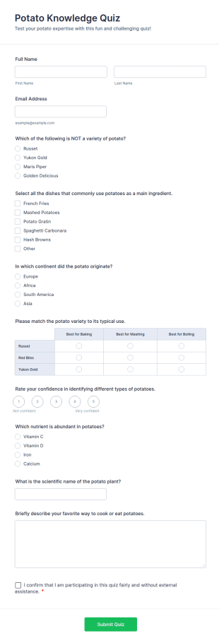 Potato Knowledge Quiz Form Template