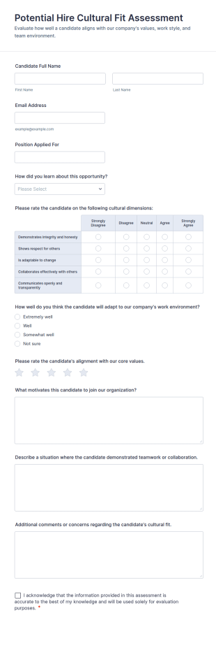 Potential Hire Cultural Fit Assessment Form Template